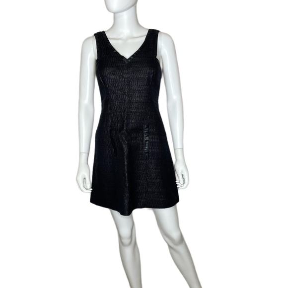 Tibi New York Women's Black Texture w/ Leather Trim V-Neck Sleeveless Dress sz 2 - Picture 1 of 4
